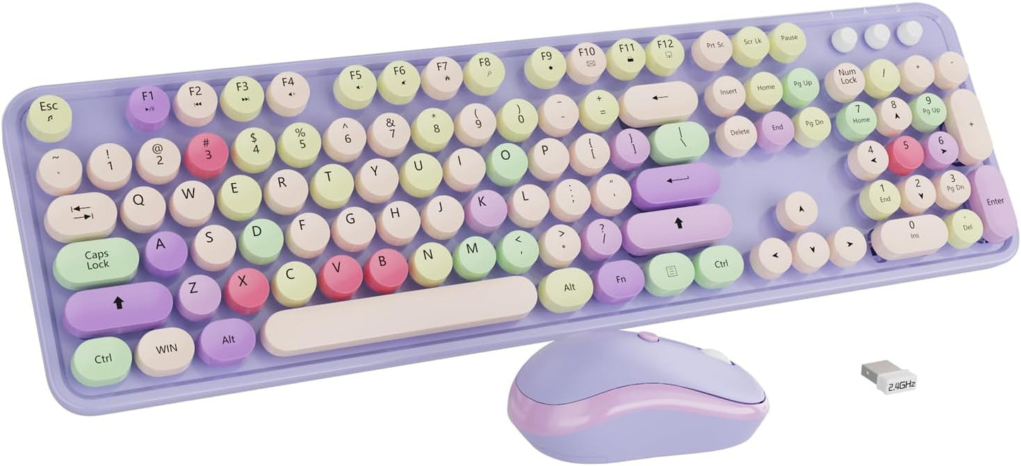 Wireless Typewriter Keyboard and Mouse - Wireless Keyboard with Silent Wireless Mouse, Cute Retro Keyboard Mouse Combo, 2.4G USB Computer Keyboard and Mouse for Windows Laptop/Desktop/PC(Purple)