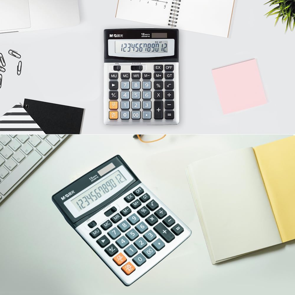 M&G Desk Calculator 12 Digit Extra Large LCD Display Calculator, Dual Solar Power and Battery, Battery Included, Metal Panel Comfort Button Calculator for Office Home School