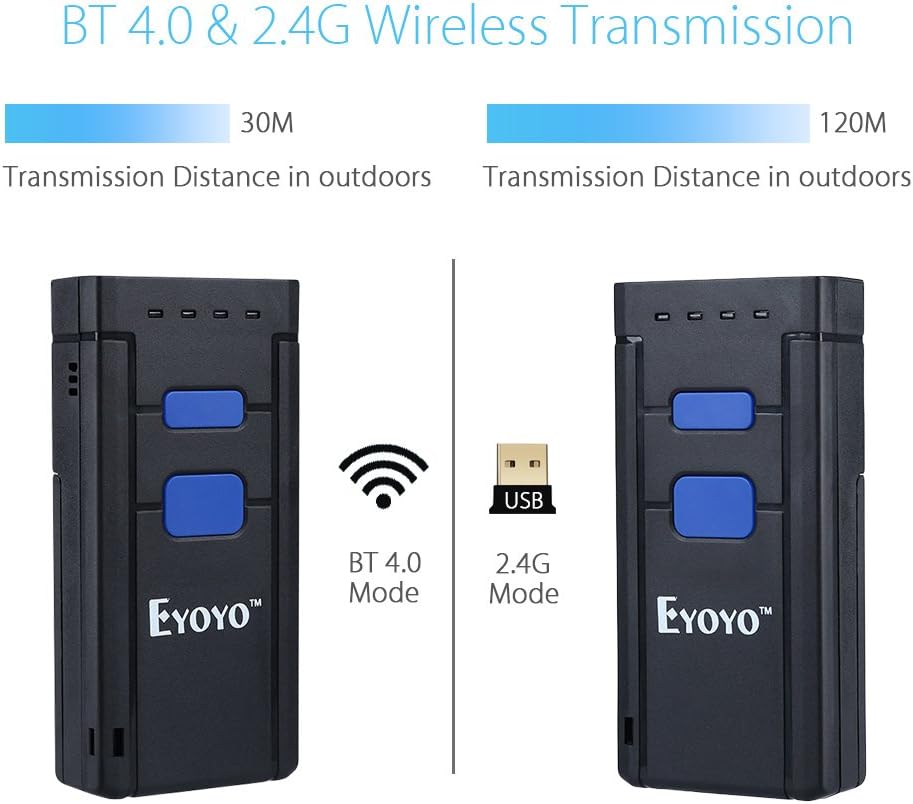 Eyoyo Mini 1D Wireless Barcode Scanner Bluetooth,3-in-1 Bluetooth&2.4G Wireless&Wired Connection, Portable Inventory Bar Code Reader Compatible with iPhone, Android, Windows, Mac Tablets or Computers