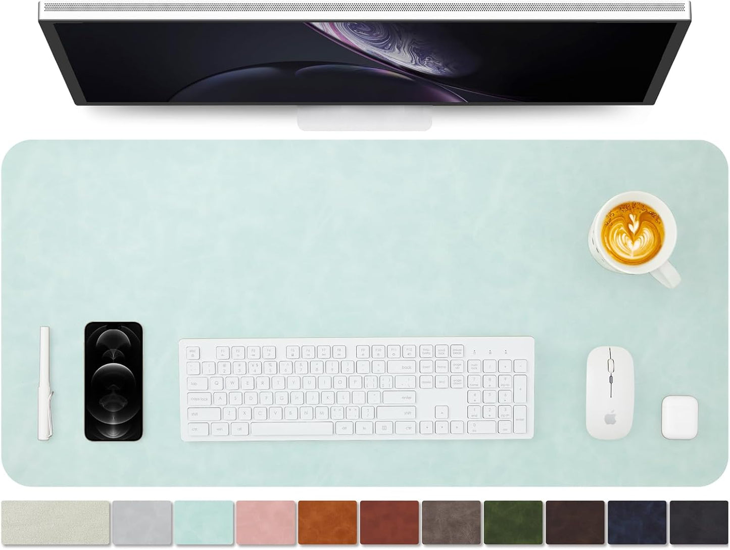 Distressed Leather Desk Mat - Non-Slip PU Desk Pad for Office and Home - Desk Organization and Accessories - Ideal for Large Mouse Pad and Desk Mats on Top of Desks(Mint Green,36"x 17")