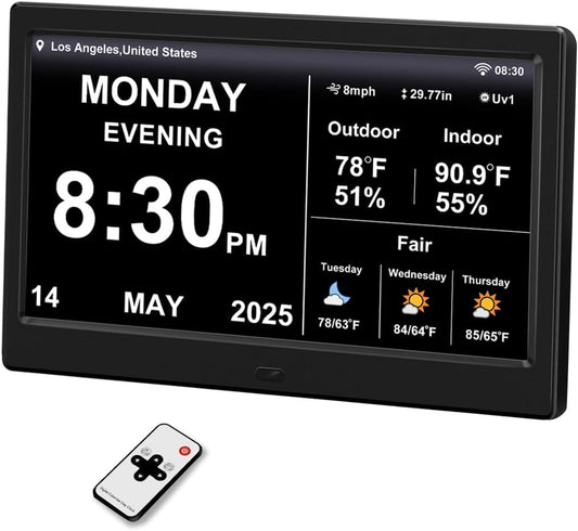 2025 Digital Clock with Weather Forecast & Temperature/Humidity Large Display,Auto Time Sync, Custom Alarms & Medication Reminders, Elderly Memory Loss