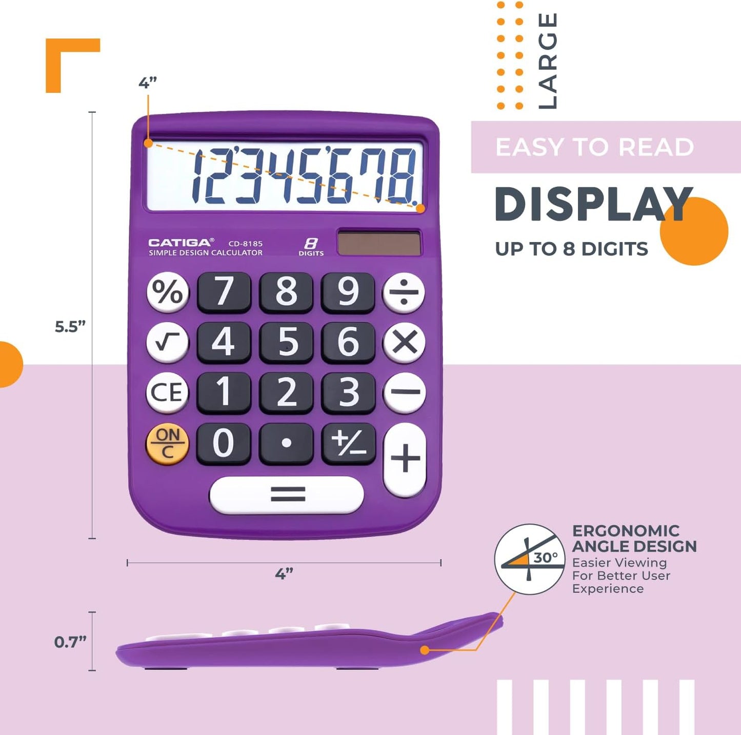 CATIGA Desktop Calculator 8 Digit with Solar Power and LCD Display, or Home, Office, School, Class and Business, 4 Function Small Basic