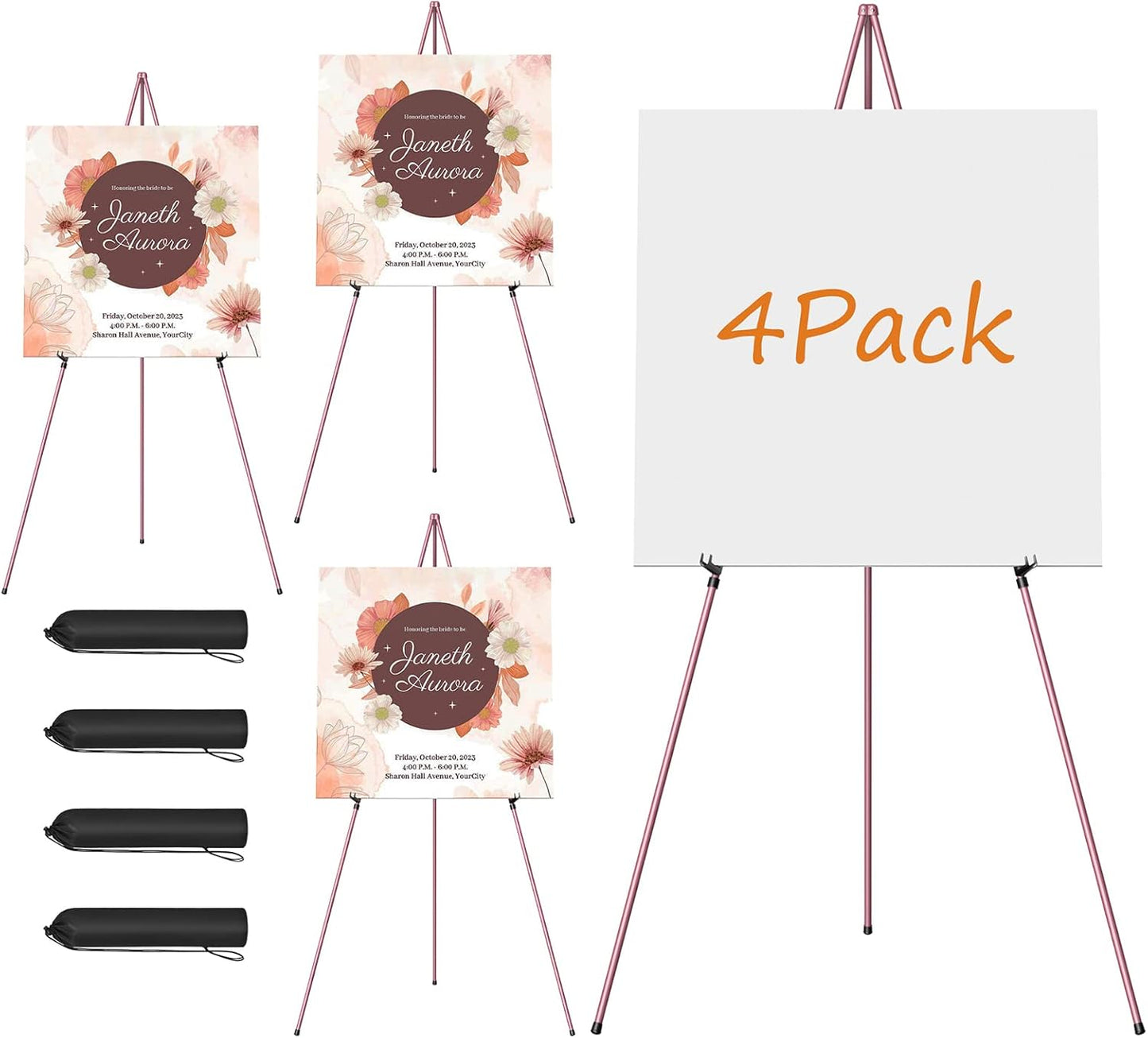 Easel Stand for Display, Aredy 63" Portable Painting Easel, Lightweight Metal Easels for Painting Canvas, Wedding Sign (4 Pack, Pink)