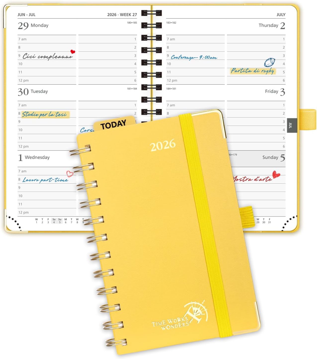 POPRUN 2026 Planner (Pocket Size 4''x 6.25'' Wire-Bond Hard Cover) Calendar Weekly and Monthly (Jan.2026-Dec.2026) Small Planner with Hourly Time Slots, for Purse, 100 GSM - Light Yellow