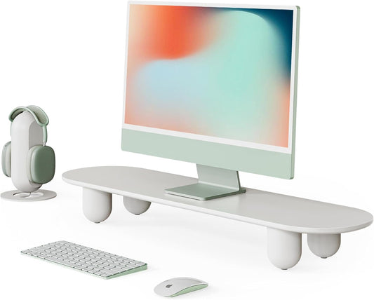 Fenge Monitor Stand Riser, 34 Inch Dual Monitor Riser for Large Monitors, Desk Organizer with Wooden Shelf & Solid Wood Legs, Computer Stand for Laptop, TV, PC, Printer, White