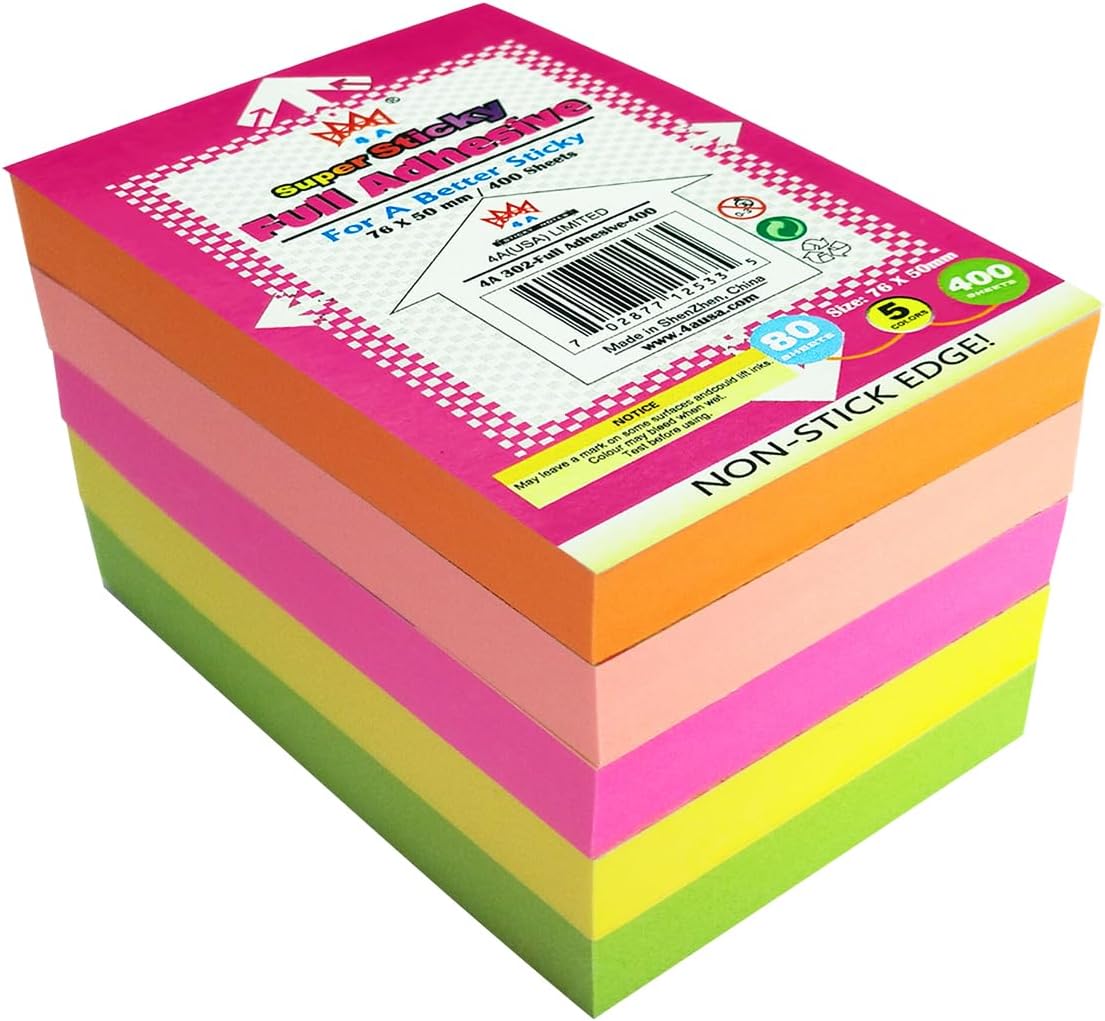 Full Adhesive Sticky Notes 3 x 2 in, Bright Colors, Colorful Small Sticky Notes Full Adhesive Back Self-Stick Note Pads for Office, School Supplies, 80 Sheets/Color, 5 Colors/Pack, 400 Sheets Total