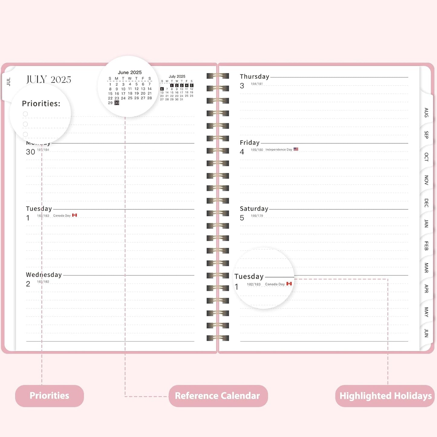 Planner 2025-2026 for Women & Men, Weekly and Monthly Calendar Notebook (July 2025 - June 2026), Hardcover Spiral Bound School Teacher Student Planner with Tabs, Inner Pocket, A5 (6.3" x 8.5")