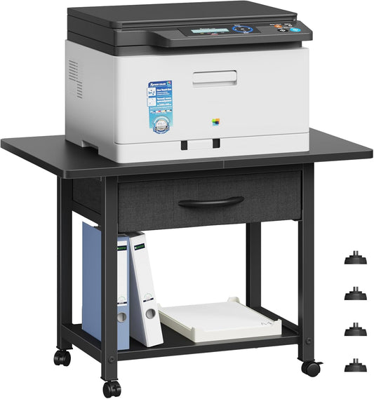 22"x15" Large Printer Stand with Storage Drawer, 2-Tier Under Desk Printer Table for Home Office, Printer Cart fit Fax Machine/3D Printer/Scanner(Black)