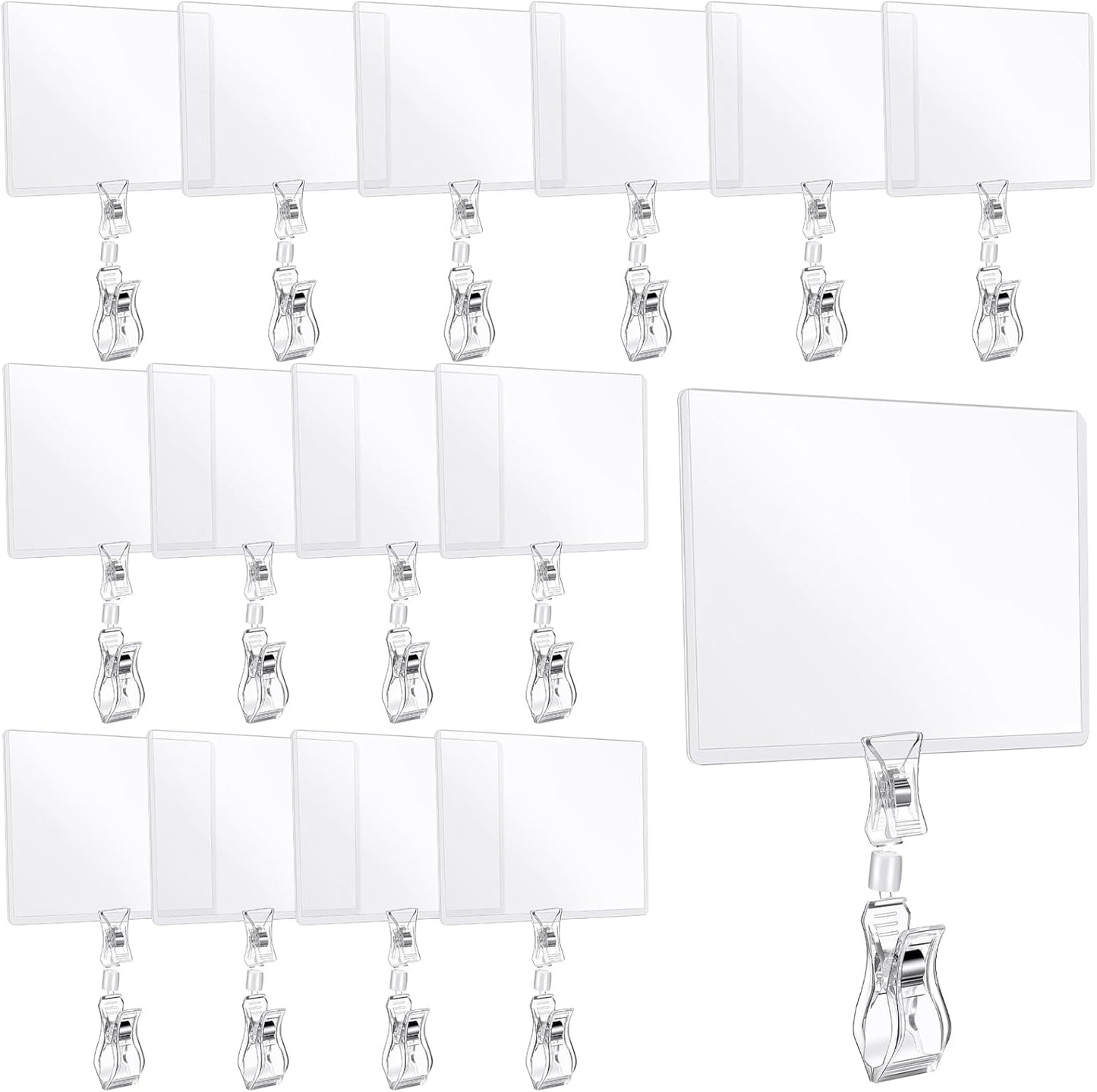 Epakh 20 Pieces Sign Clips Rotating Price Tag Clip Swivel Sign Holder for Handrails or Tubes with 20 Pieces Hard Card Sleeves PVC Card Protector for Shelves Store Supermarket(Double Sided Clips Style)