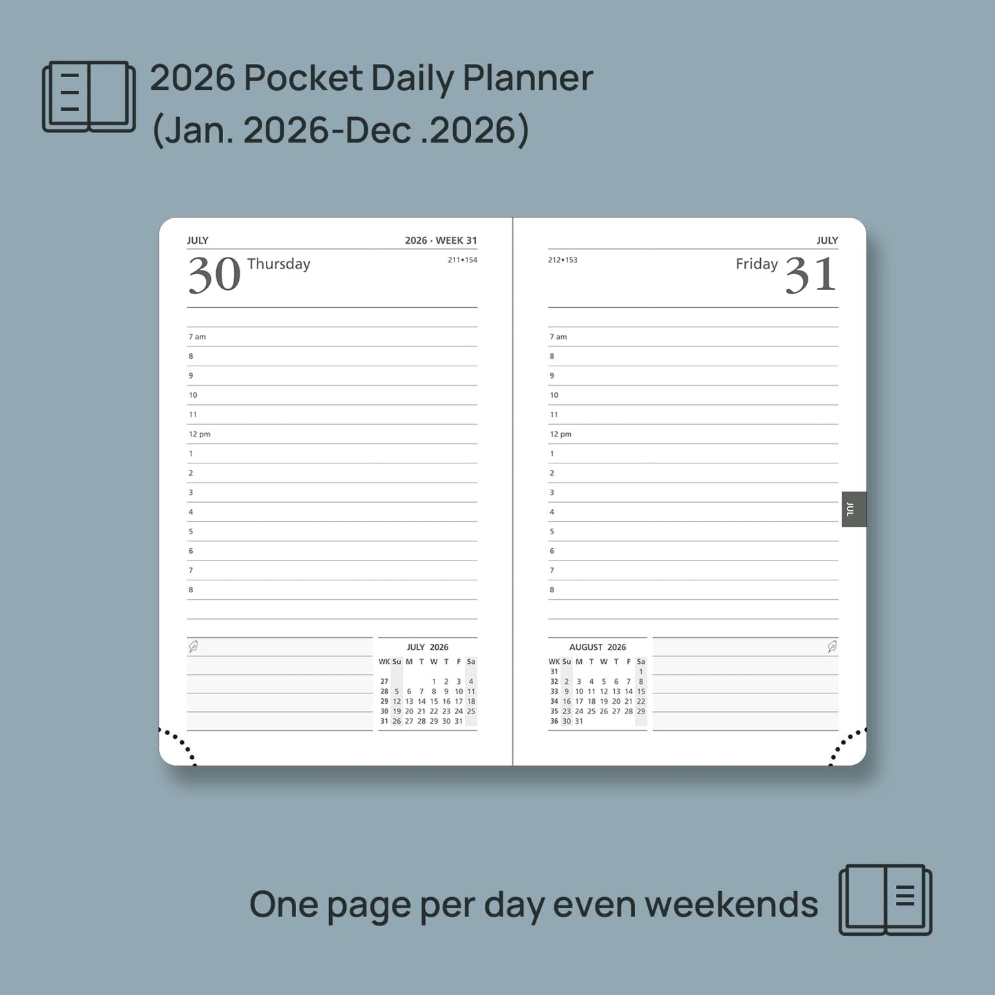 POPRUN Daily Planner 2026 (Jan - Dec), (Purse Size-4.25" x 6.25") 2026 Daily Calendar with One Page Per Day Even Weekends, Hourly Appointment Book with Pocket, PU Leather Softcover - Pacific Green
