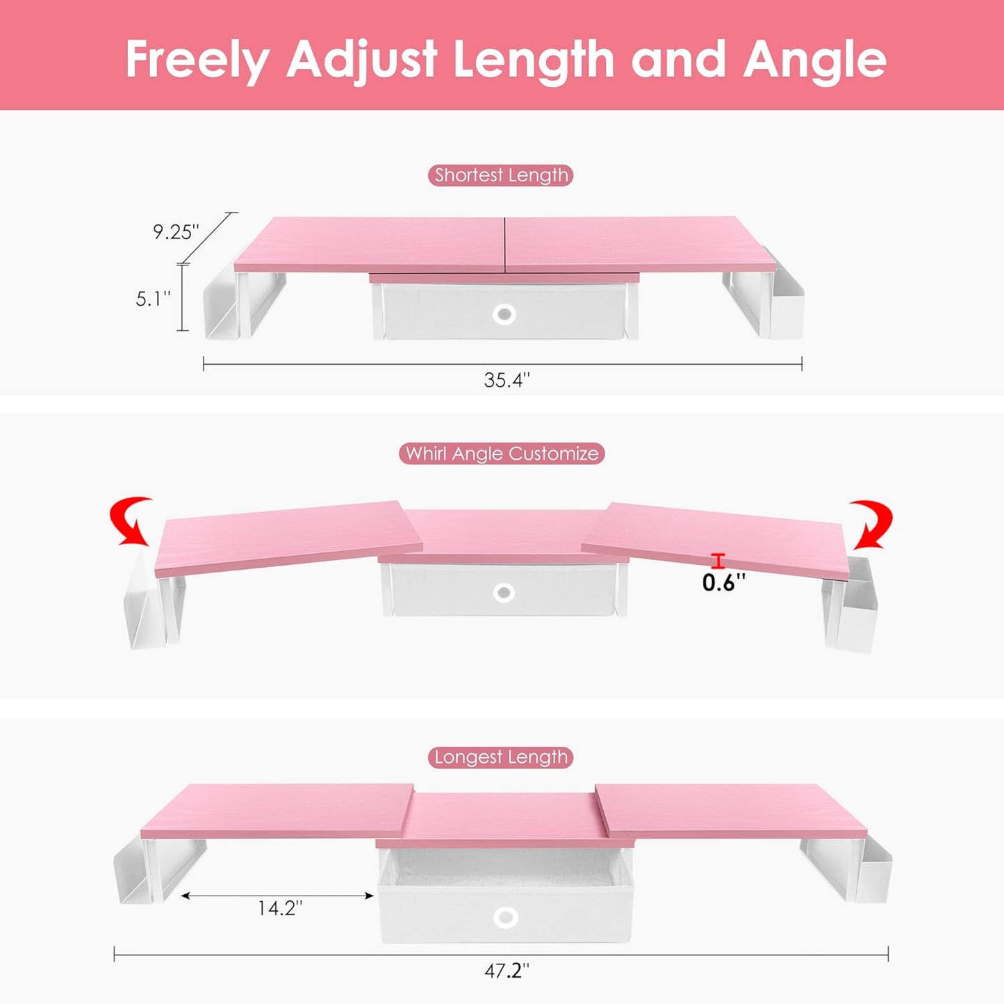 Dual Monitor Stand Riser With Drawer & Metal Leg, Large Desk Shelf For 2 Monitors w/ Adjustable Length & Angle, Desktop Organizer For Laptop/TV/Printer