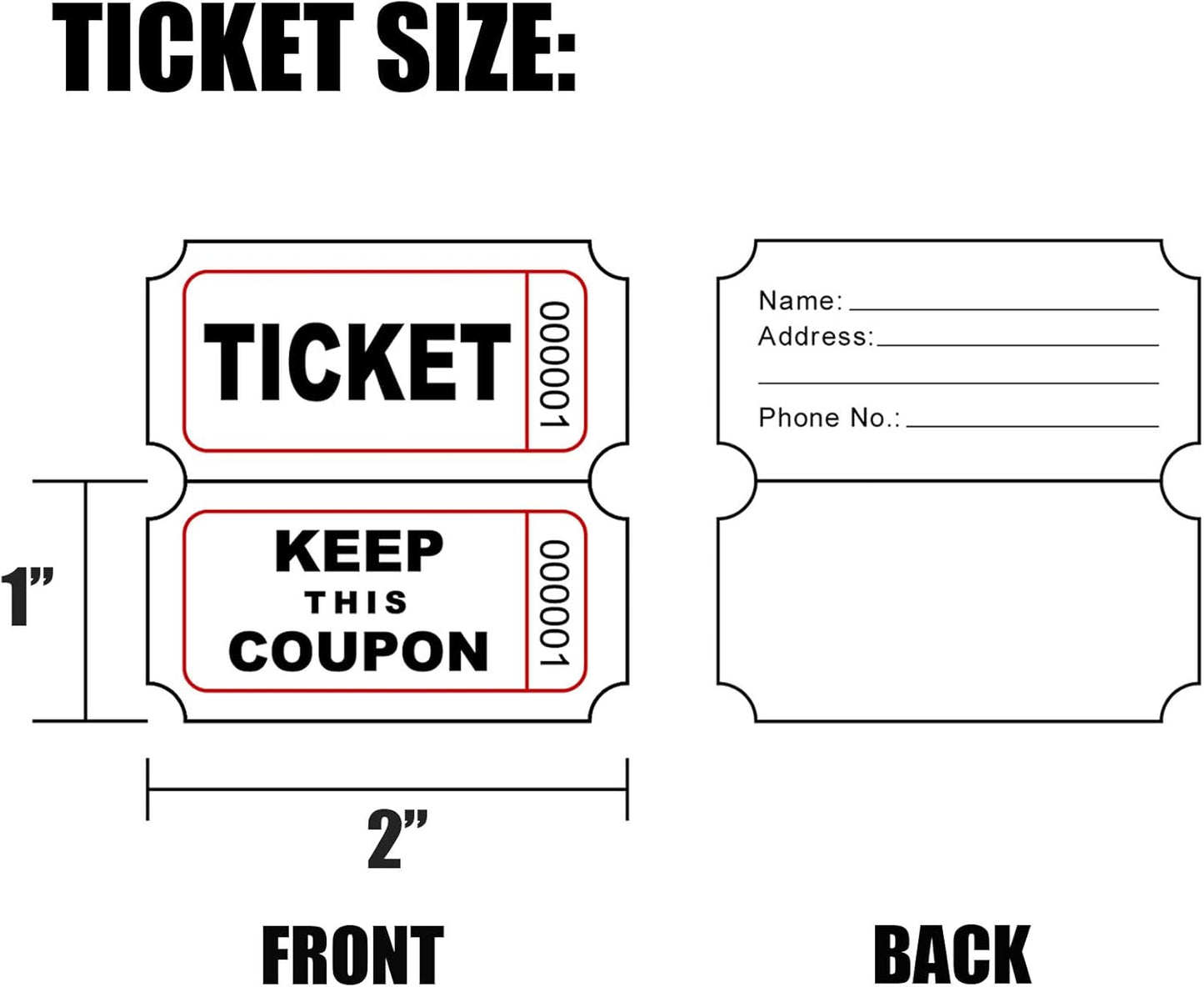 DNB 1000 Raffle Tickets - Double Roll 1000 Pairs per Roll 2 x 2 Inch 50/50 Consecutively Numbered Tickets for Entry/Events/Fundraiser/Prizes - White
