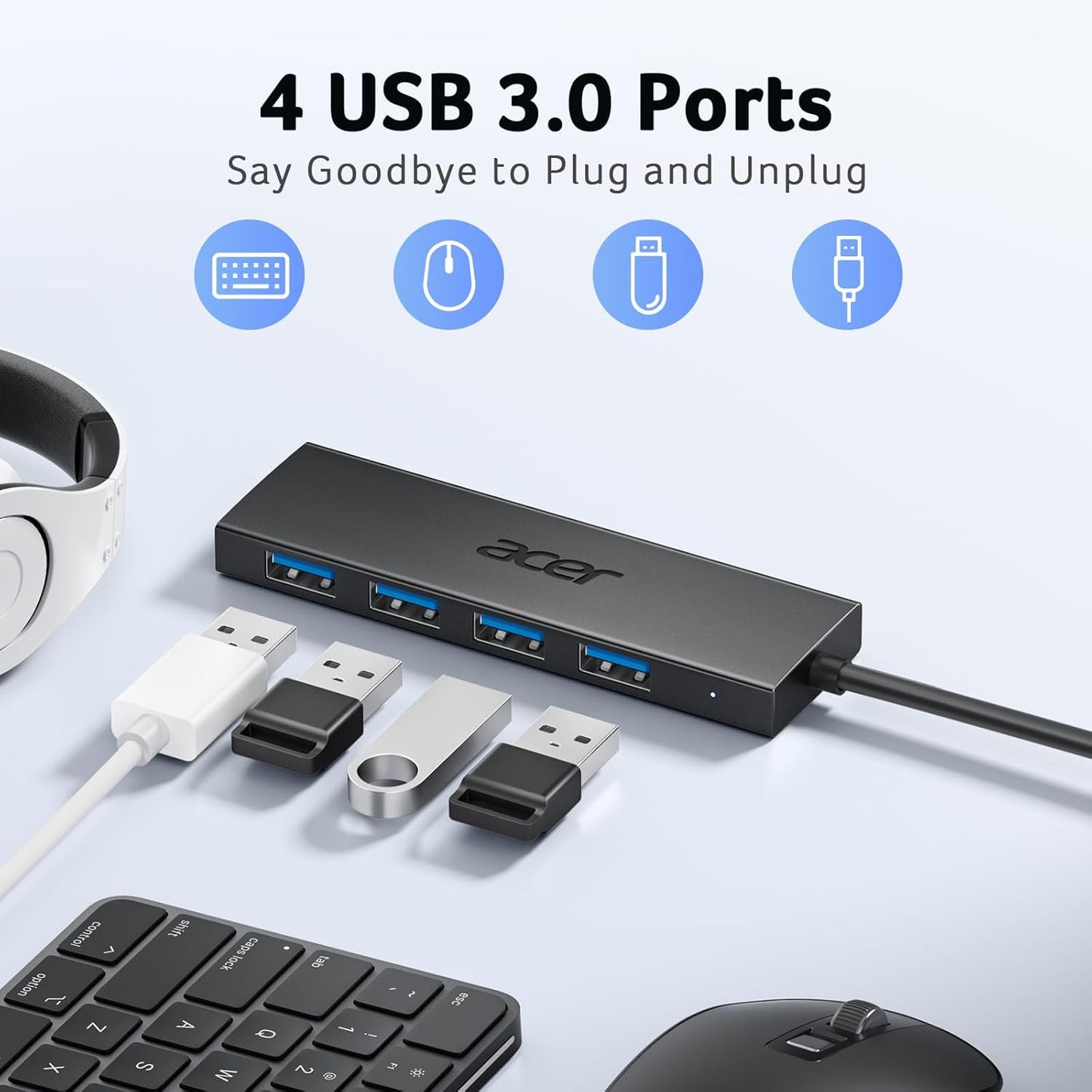 Acer USB Hub 4 Ports, Multiple USB 3.0 Hub, USBA Splitter for Laptop with Type C Power Port, Extender for A Port Laptop, PC, Desktop and More (2ft)