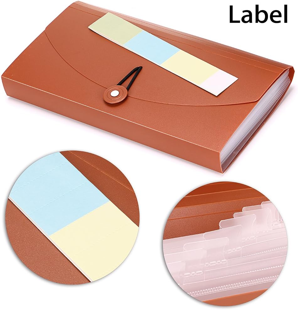 BTSKY Expanding File Folder -13 Pockets Small Accordion File Folder Expandable Card Ticket Holder File Storage Folder Check Bill File Folder Plastic Business Document Organizer Wallet Case, Brown