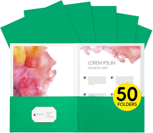 50Pcs Green Folders with Pockets,2 Pocket Folders Bulk,Holds 100 Sheets,Assorted Colors,Office Or School