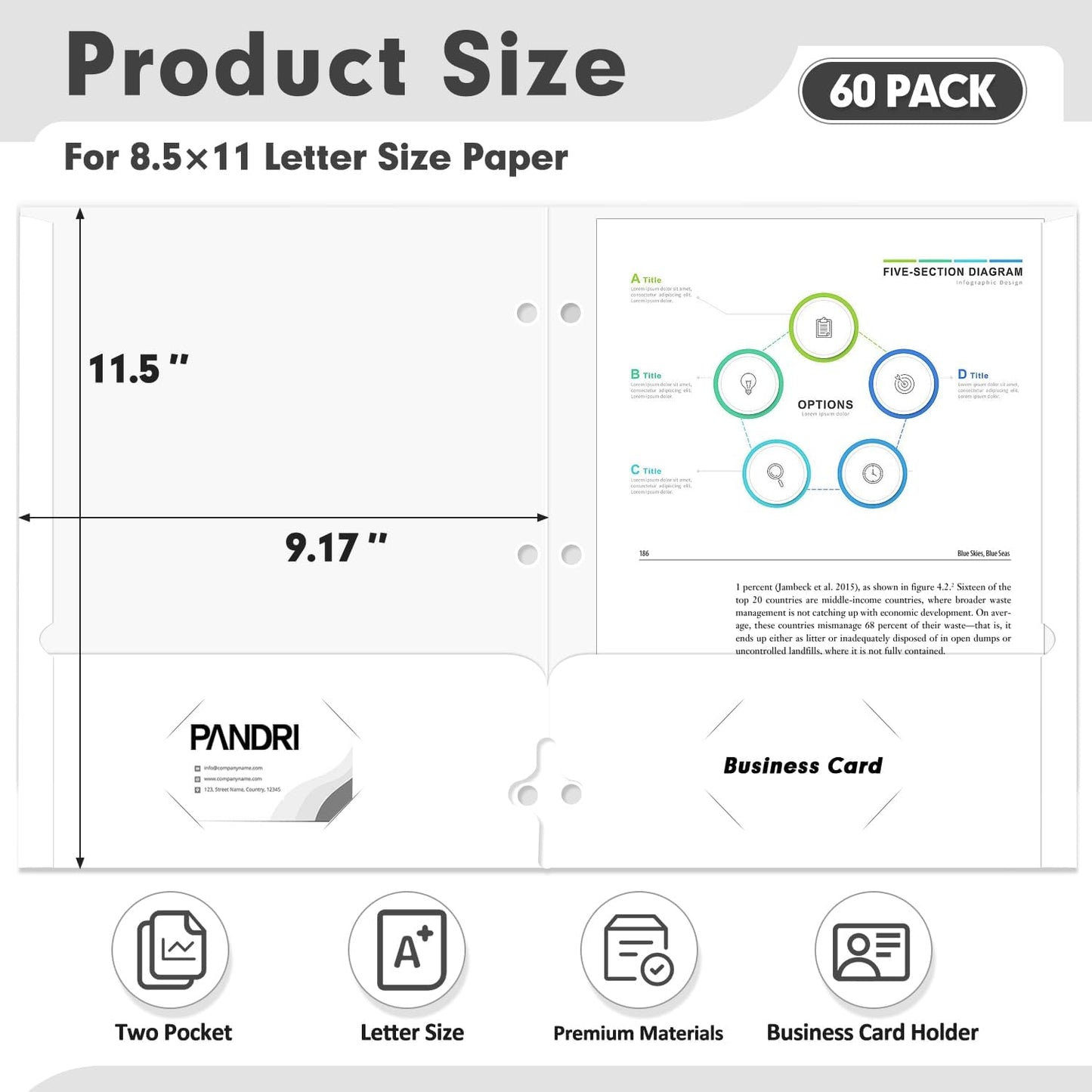 Two Pocket Portfolio Folders, PANDRI 60 Pack 3 Hole Punched 2 Pocket Folders for 3 Ring Binder, Letter Size Paper File Folder for School Office Home Business, White
