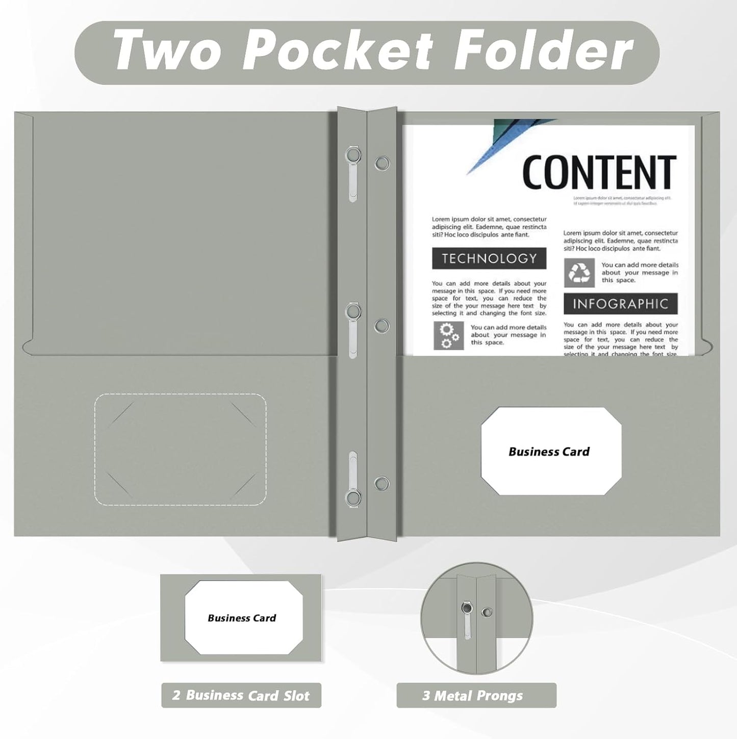 Two Pocket Folders, PANDRI 30 Pack Two Pocket Folders with Prongs, 3 Prong Folders Designed for Office and Classroom, Letter Size Grey