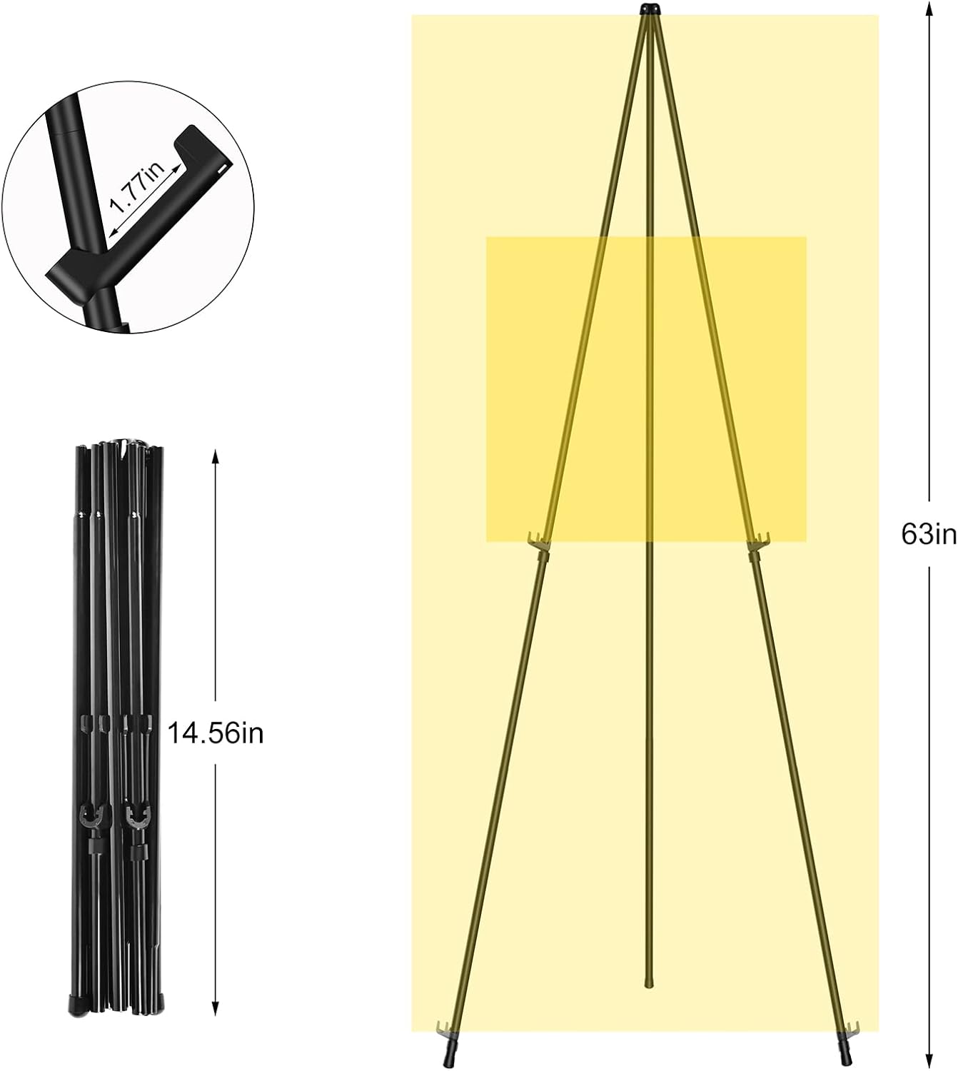 Display Black Easel Stand for Wedding Sign, Artist Instant Tripod Collapsible Portable Floor Easel for Posters, 63" Adjustable Easy Folding Metal Stand for Display Show, Arts, Painting