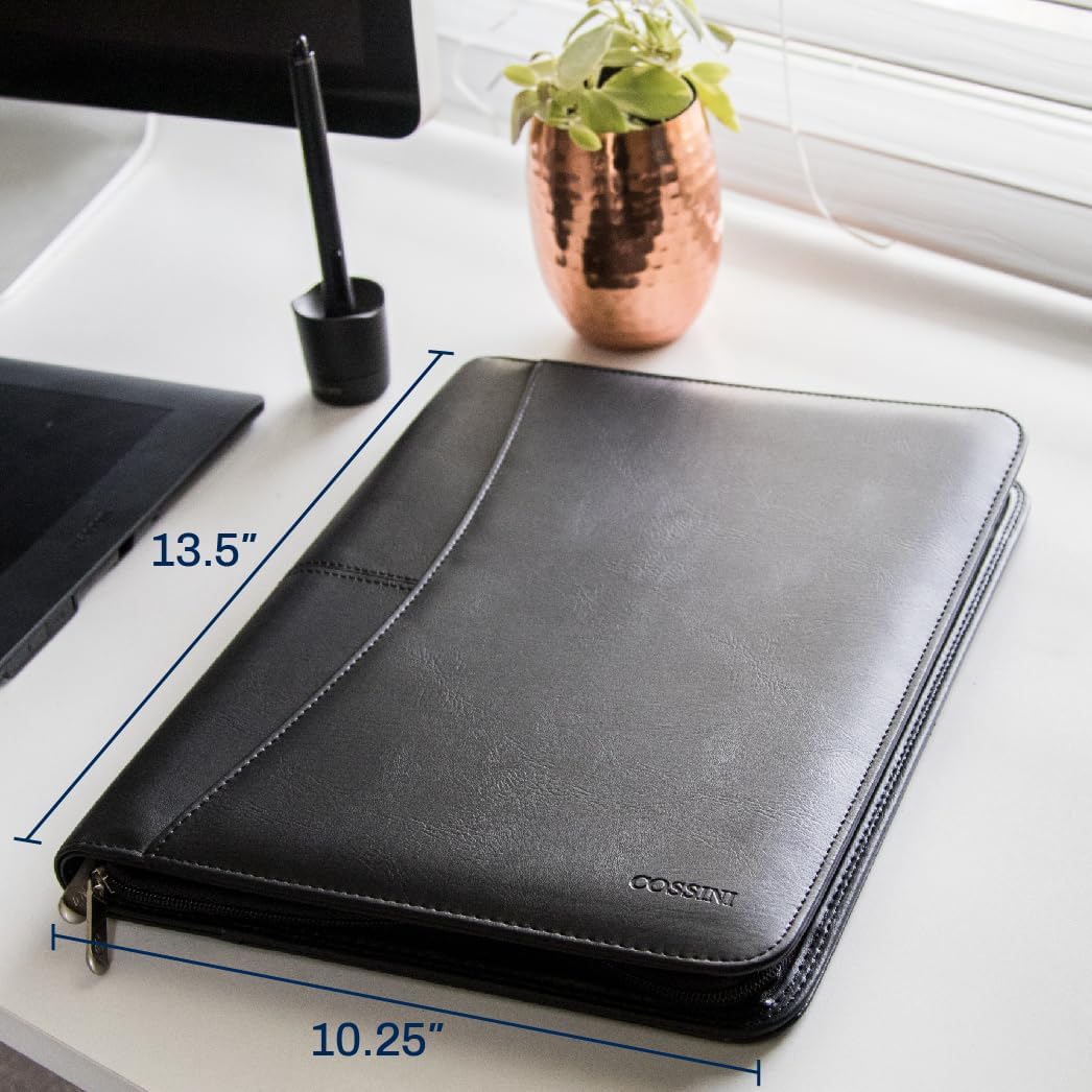 Cossini Black Superior Vegan Leather Business Portfolio with Zipper – Padfolio All-in-One. Smartest Protective 10.1 Inch Tablet Sleeve, Presentation Slot, Solar Calculator, Card Storage, Writing Pad