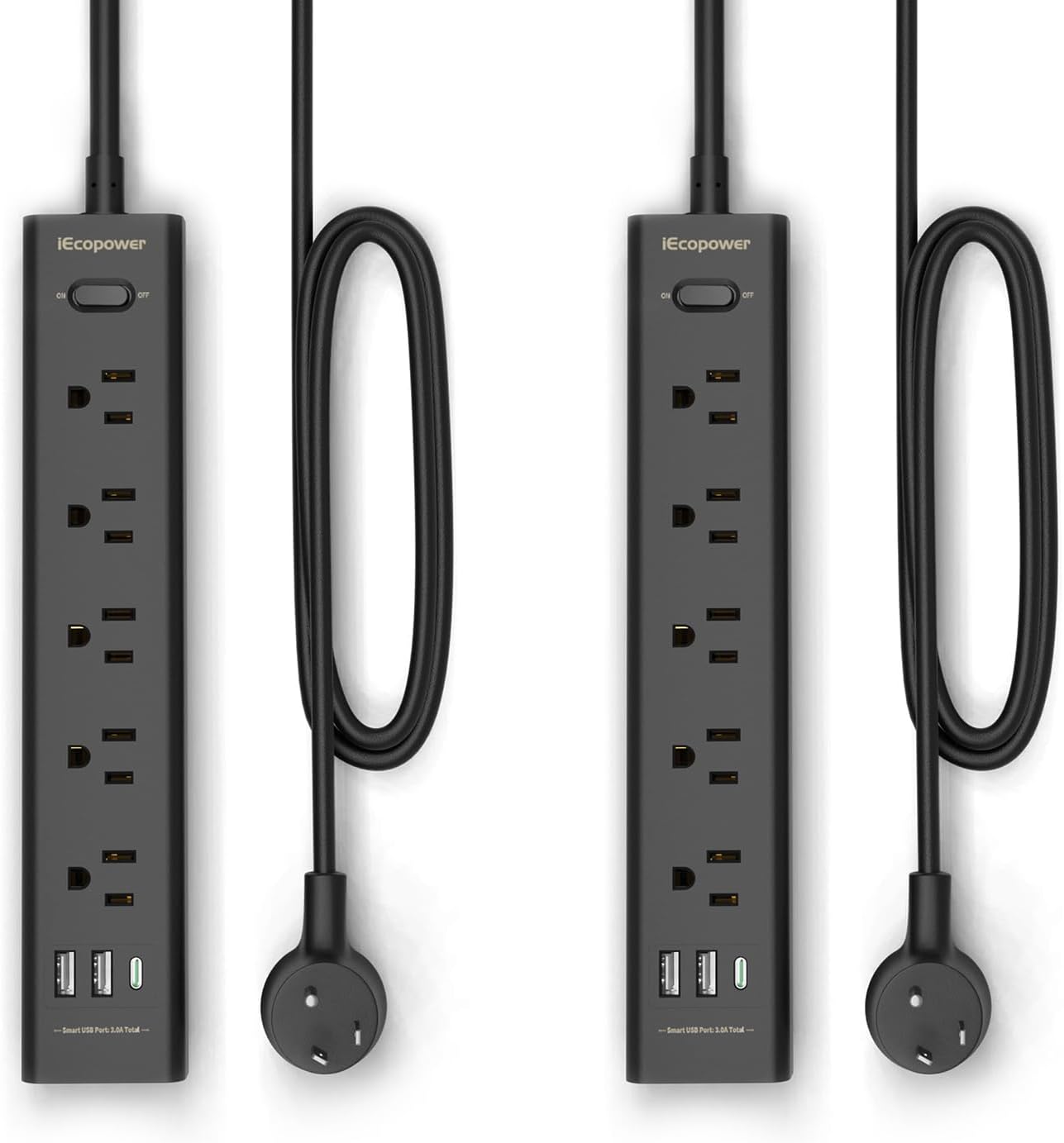 10FT Long Surge Protector Power Strip-with 5 Widely Outlets and 3 USB Ports(1 USB C Port),10 Foot Extension Cord(1250W/10A),Wall Mount for Home Office,700 J,Black(2 Pack)