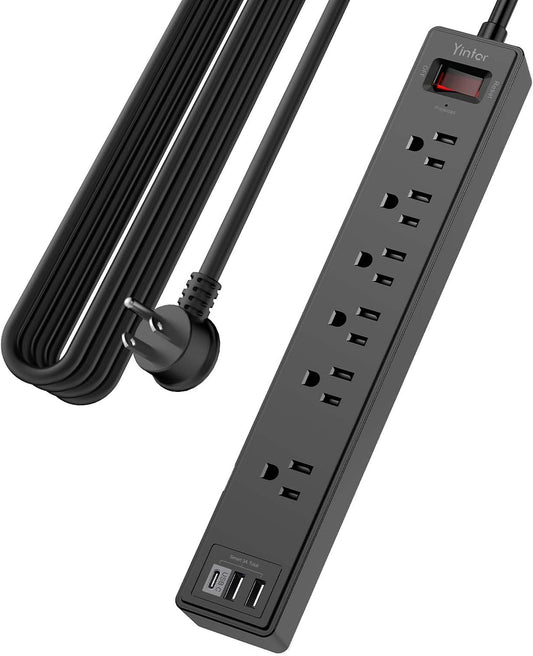 20Ft Power Strip Surge Protector - Yintar Extension Cord with 6 AC Outlets and 3 USB Ports for Home, Office, Dorm Essentials, 1680 Joules, ETL Listed, Black