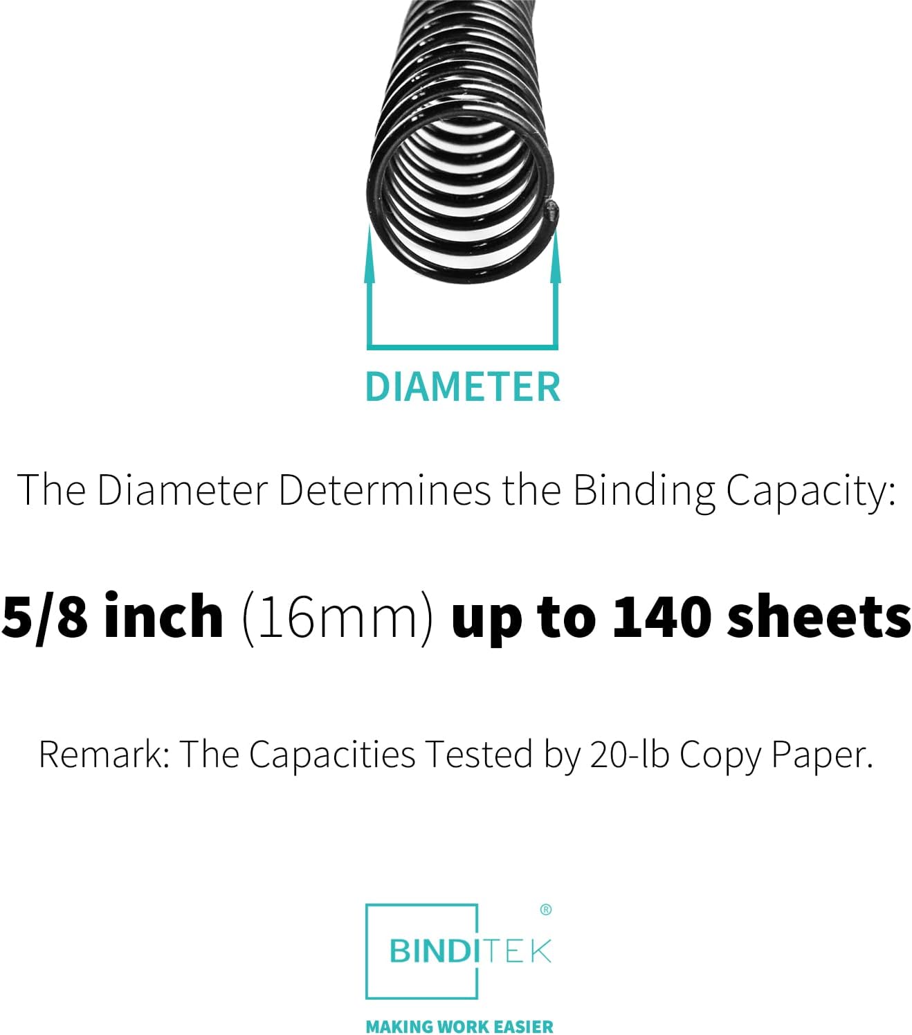 Binditek 100 Pack Plastic Spiral Binding Coils, 16mm(5/8"), 140 Sheet Capacity, 4:1 Pitch, Black, 48 Loops, for Letter Size, for Students and Coworkers
