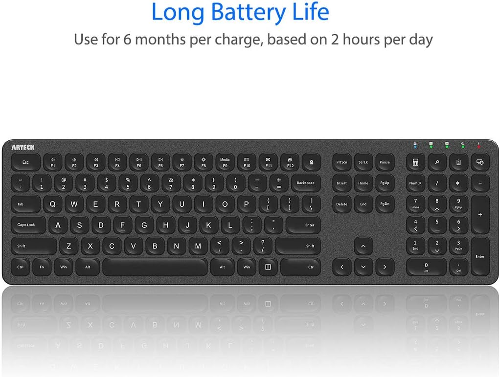Arteck 2.4G Wireless Keyboard Stainless Steel Ultra Slim Full Size Keyboard with Numeric Keypad for Computer/Desktop/PC/Laptop/Surface/Smart TV and Windows 10/8/ 7 Built in Rechargeable Battery