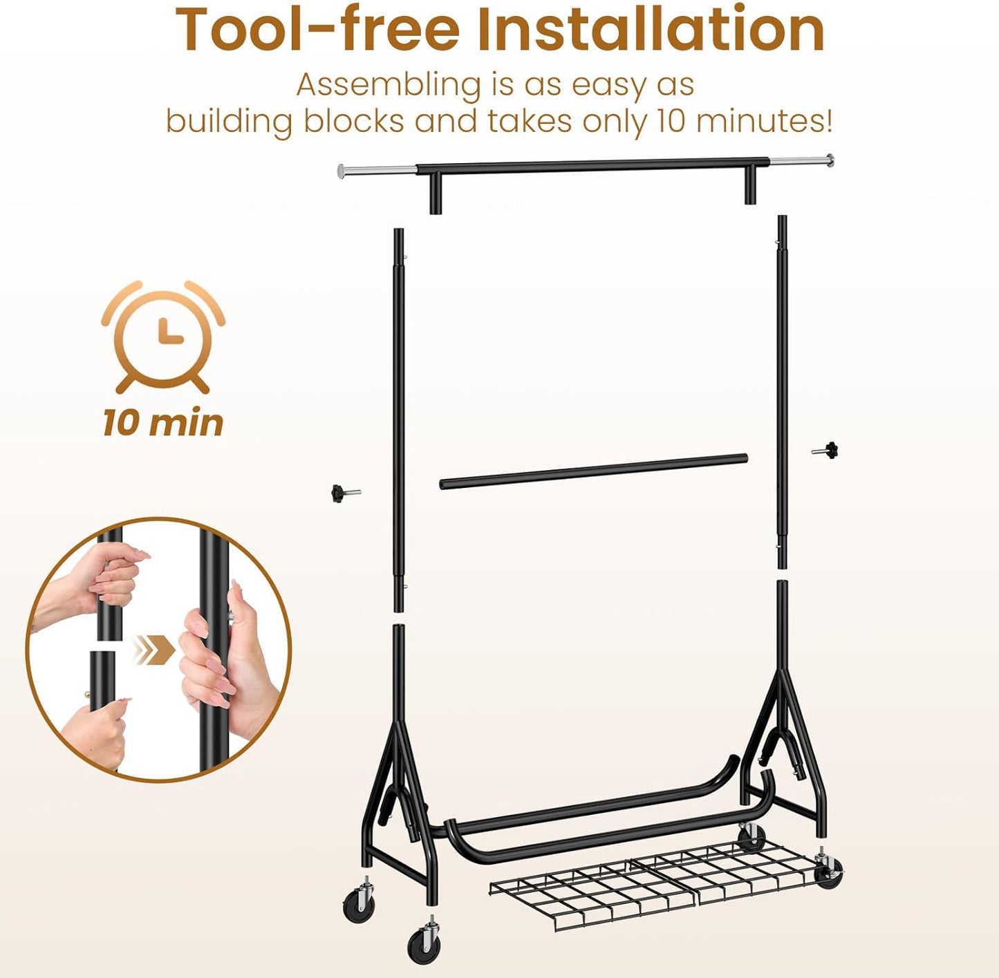 Double Rods Clothing Rack, Heavy Duty Clothes Rack for Hanging Clothes Load 560LBS, Metal Rolling Garment Racks with Wheels, Freestanding Clothes Hanging Racks, Black