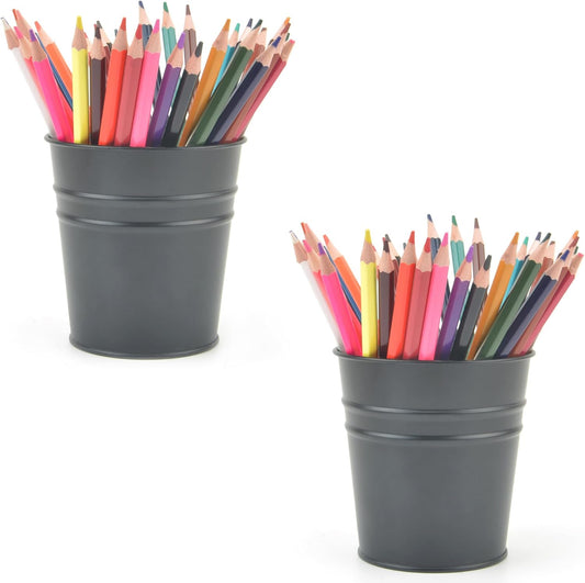 Pen Holder Cup For Desk Pencil Holder Metal Marker Pen Organizer Storage Small Tinplate Flower Pot Succulent Bucket Planters for Office Home - 2 Pack (Black)