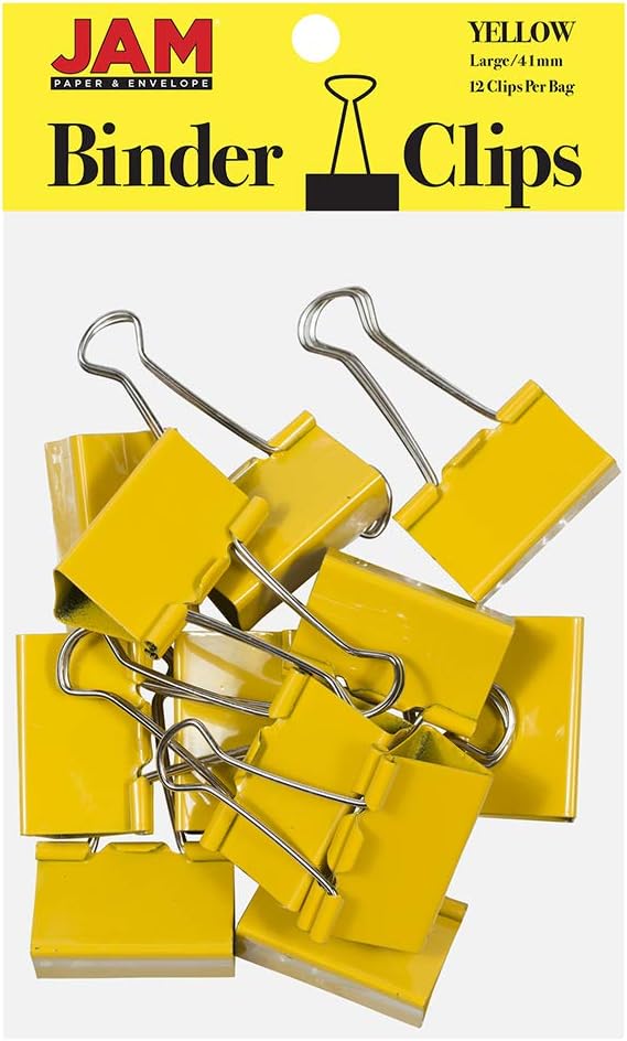 JAM PAPER Colorful Binder Clips - Large - 1 1/2 Inch (41 mm) - Yellow Binderclips - 12/Pack