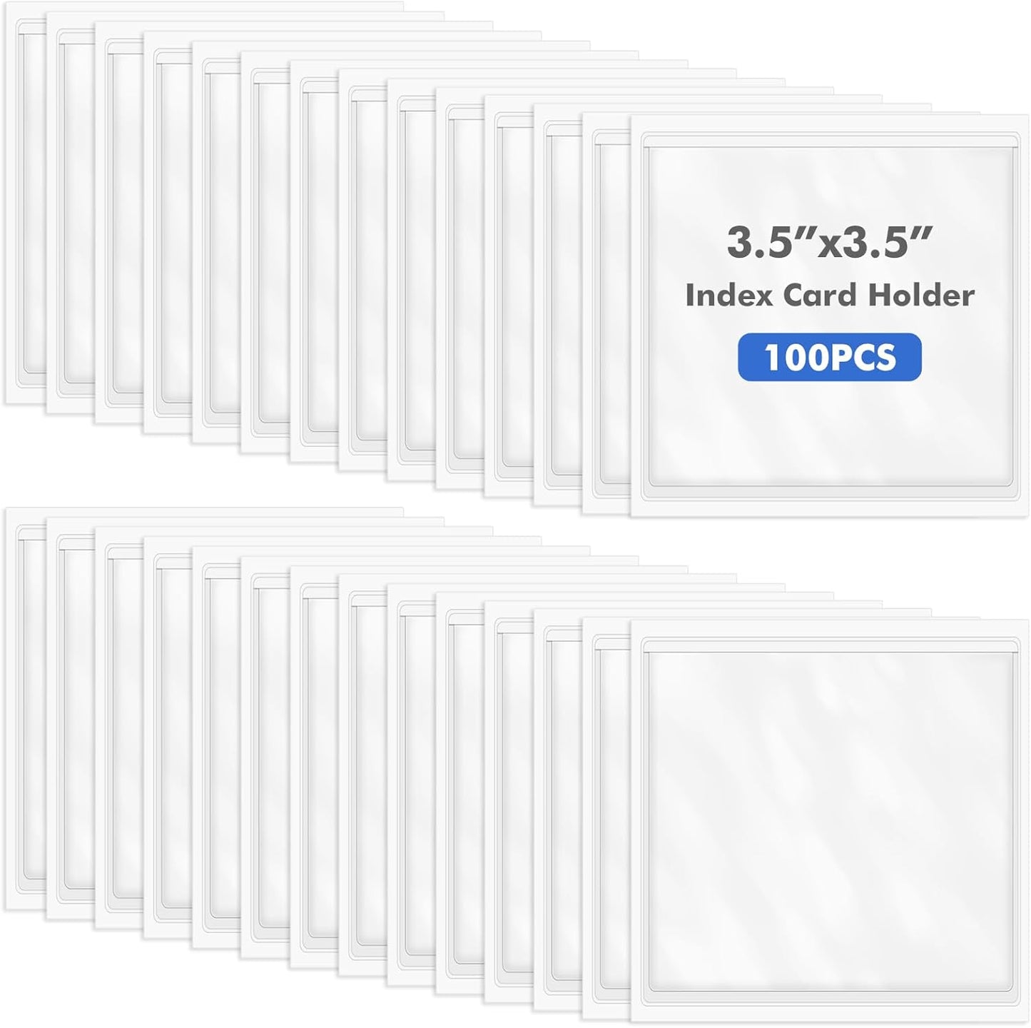 Circloophs 100 Packs Self Adhesive Index Card Pockets with Index Card, 3.5”x 3.5” Adhesive Label Holders – Plastic Clear Adhesive Label Pockets for Storage Bins, Locker, Shelves, Library, Office