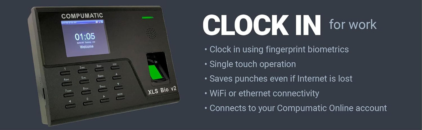 COMPUMATIC Biometric Fingerprint Time Clock with Online Cloud Hosted Software, Automatic Real-Time Punch Upload with WiFi or Wired Ethernet Connection