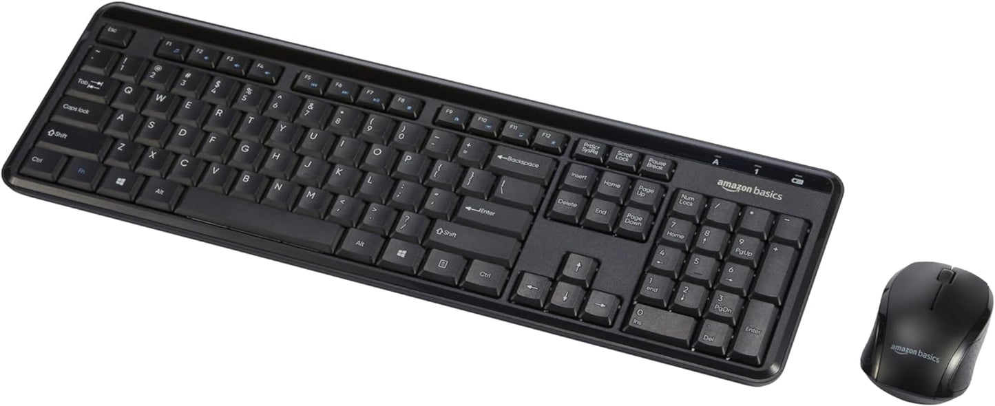 Amazon Basics 2.4GHz Wireless Keyboard and Mouse Combo, Quiet and Compact US Layout, Unifying USB Receiver, Black