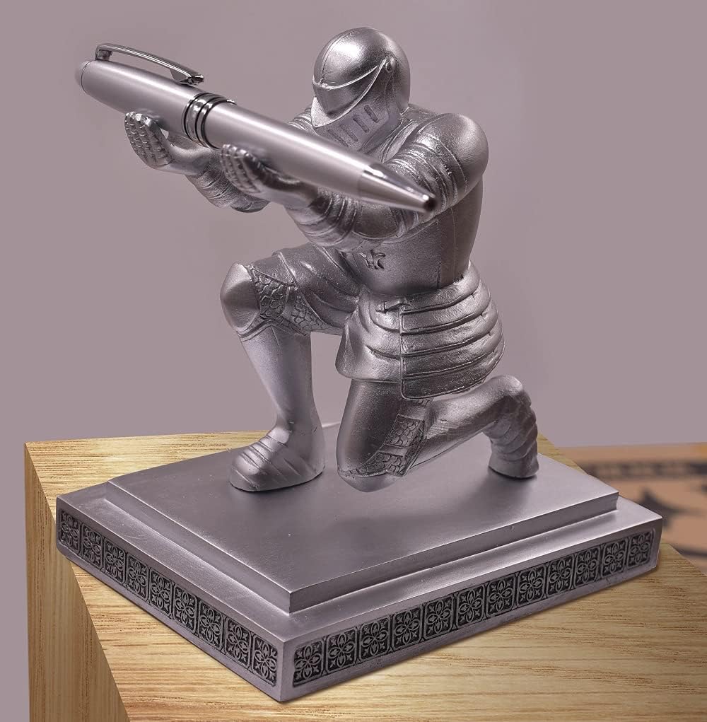 Executive Knight Pen Holder with A Cool Pen, Home Office Desk Organizers Decor Resin Pen Holder, Christmas Gift Idea for Dad, Uncle, Man, Boyfriend, Friends Silver