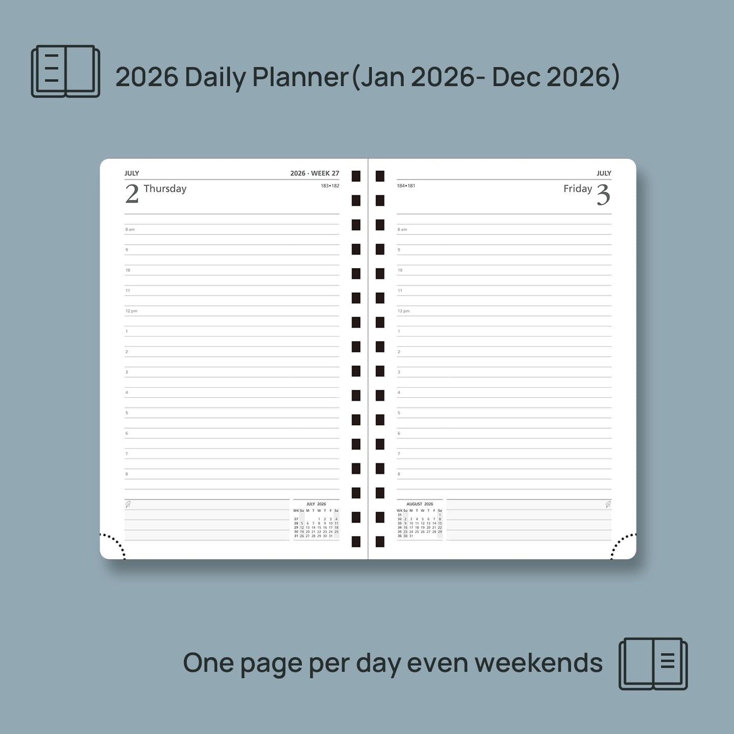 POPRUN 2026 Daily Planner One Page A Day - [8.5" x 5.75" Wire-Bound Hard Cover] Agenda 2026 Hourly Appointment Book with Monthly Calendar, Inner Pocket, Ivory Paper - Light Pink