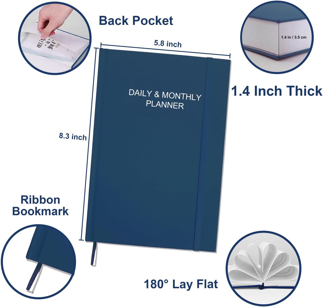 Daily & Monthly Planner for 2025 2026 or Anytime - ADHD Planner Two Pages Per Day, Daily Planner Undated to Increase Focus, Eliminate Overwhelm, Achieve Your Biggest Goals, 5.8'' × 8.3'', Blue