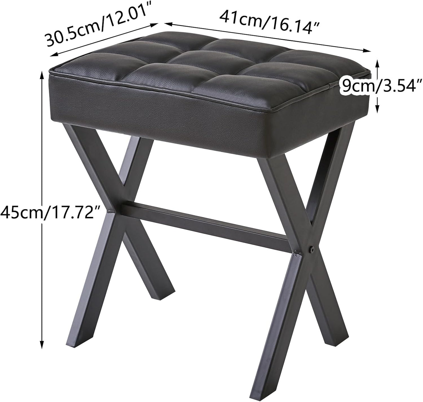IBUYKE Square Makeup Stool with X-Leg Foot Rest, PU Footrest, Ottoman Seat Vanity Stool, Multi-Use as Small Side Table, for Bedroom, Living Room, Black LG-71B