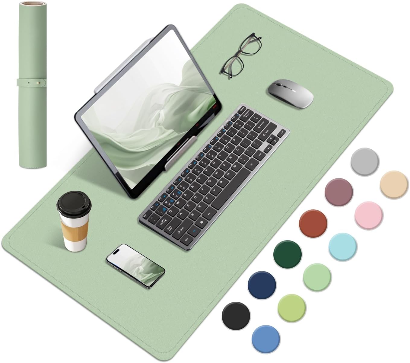 Dual-Sided Desk Pad, Natural Cork & PU Leather Mouse Pad for Desk, Desk Pad Protector, Non-Slip Desk Mat for Office and Home Work, (Light Green, 23.6" x 13.7")