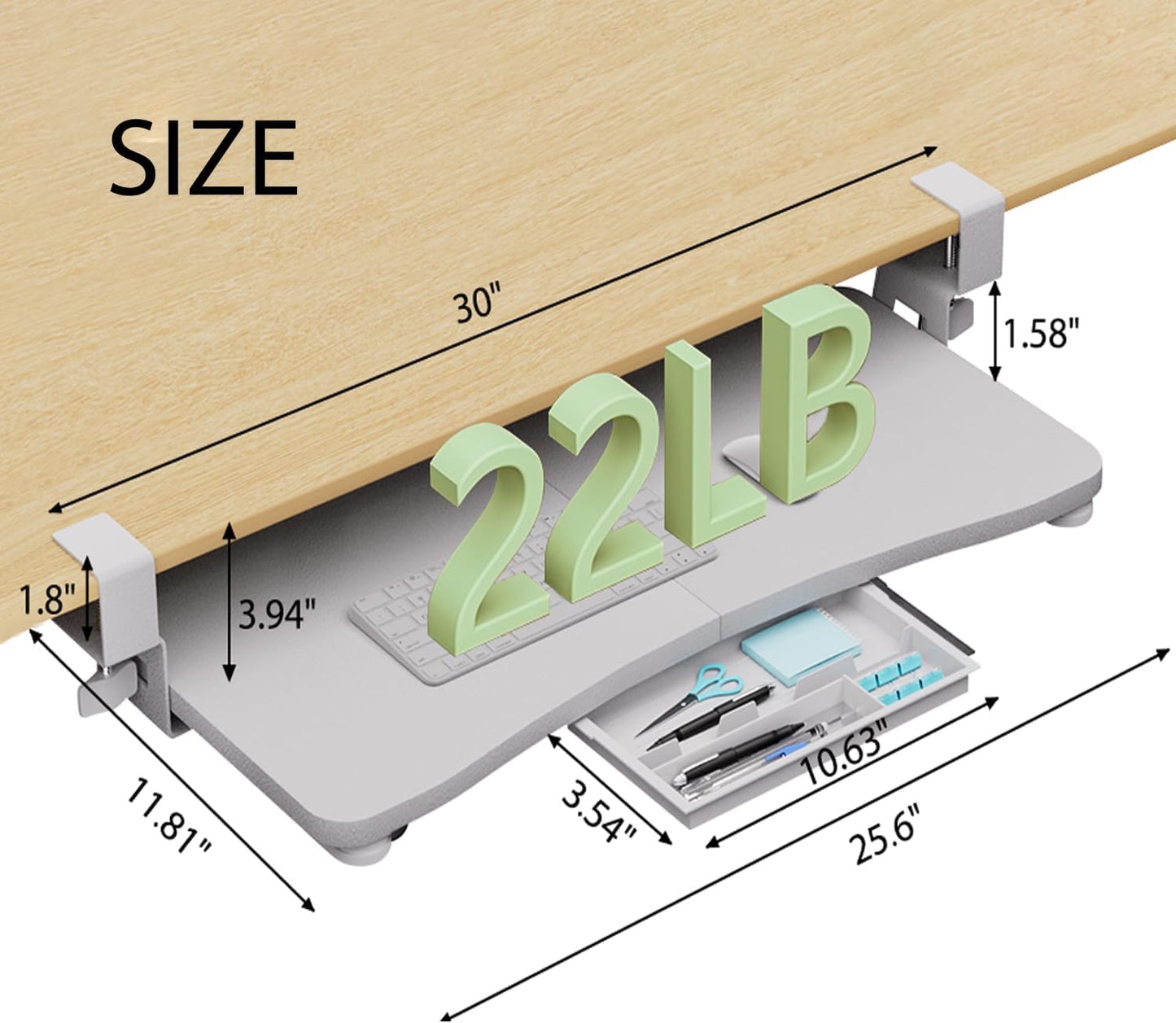 Desktop Keyboard Tray, Under Desk Pull Out,25.59" X 11.81" Large Size Radian Keyboard Tray with C-Clip Mount, Easy Installation, Computer Keyboard Stand, for Home Study and Office(White)