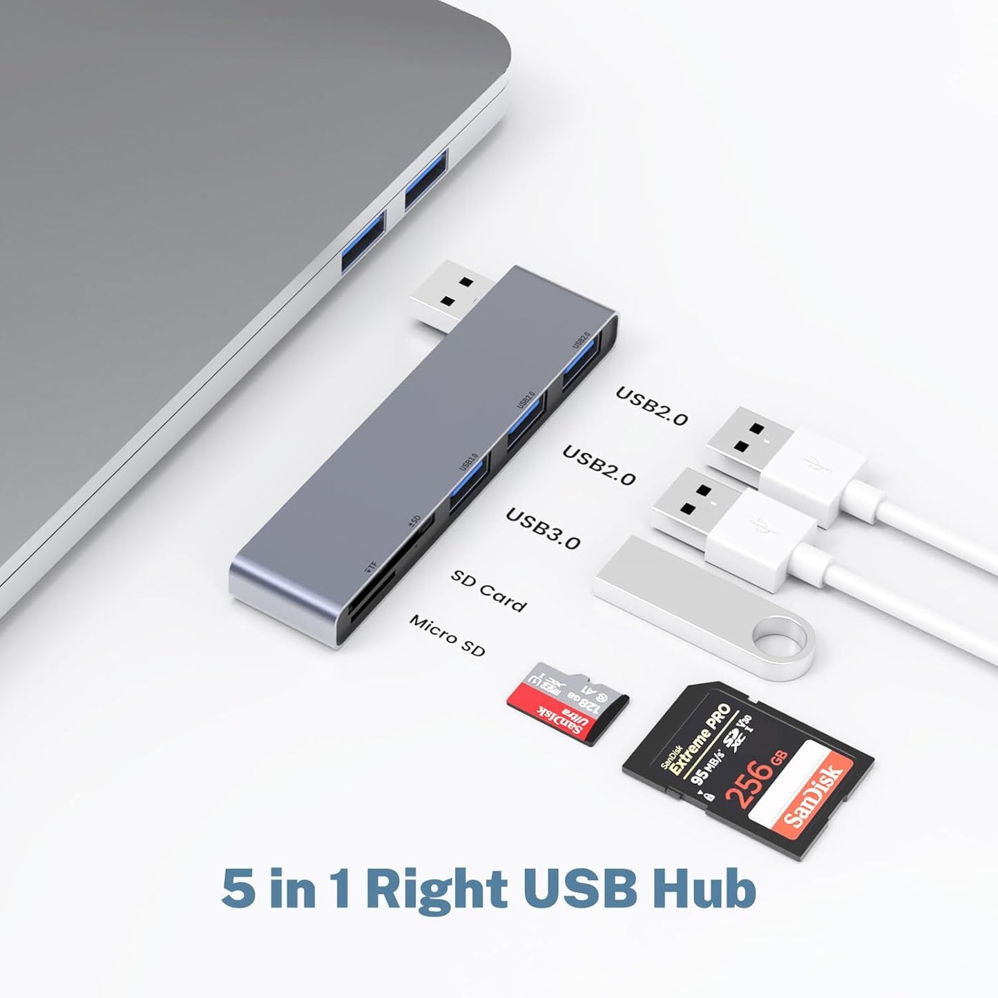 Fidioto USB A Hub, Networking Hubs Right Model 5-in-1 Adapter with 1 USB3.0 &2 USB2.0 & Micro SD/TF Card Reader, Compatible for Laptop MacBook, Chromebook, Dell, HP, Samsung, Keyboard, Mouse Etc.