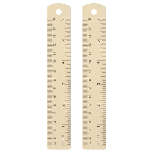 HARFINGTON 2pcs Metal Straight Ruler 15cm Metric SAE Aluminum Alloy Measuring Rulers Scale Tool with Hole for Measure Study Reading Classroom Office, Beige