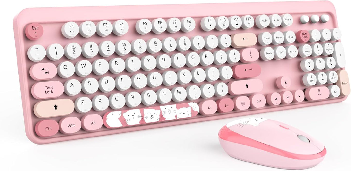 Wireless Keyboard,KOOTOP Cute Colorful 104 Keys Typewriter Retro Round Keycaps Keyboard for PC Laptop,Desktop,Windows, Home and Office Keyboards (Pink)