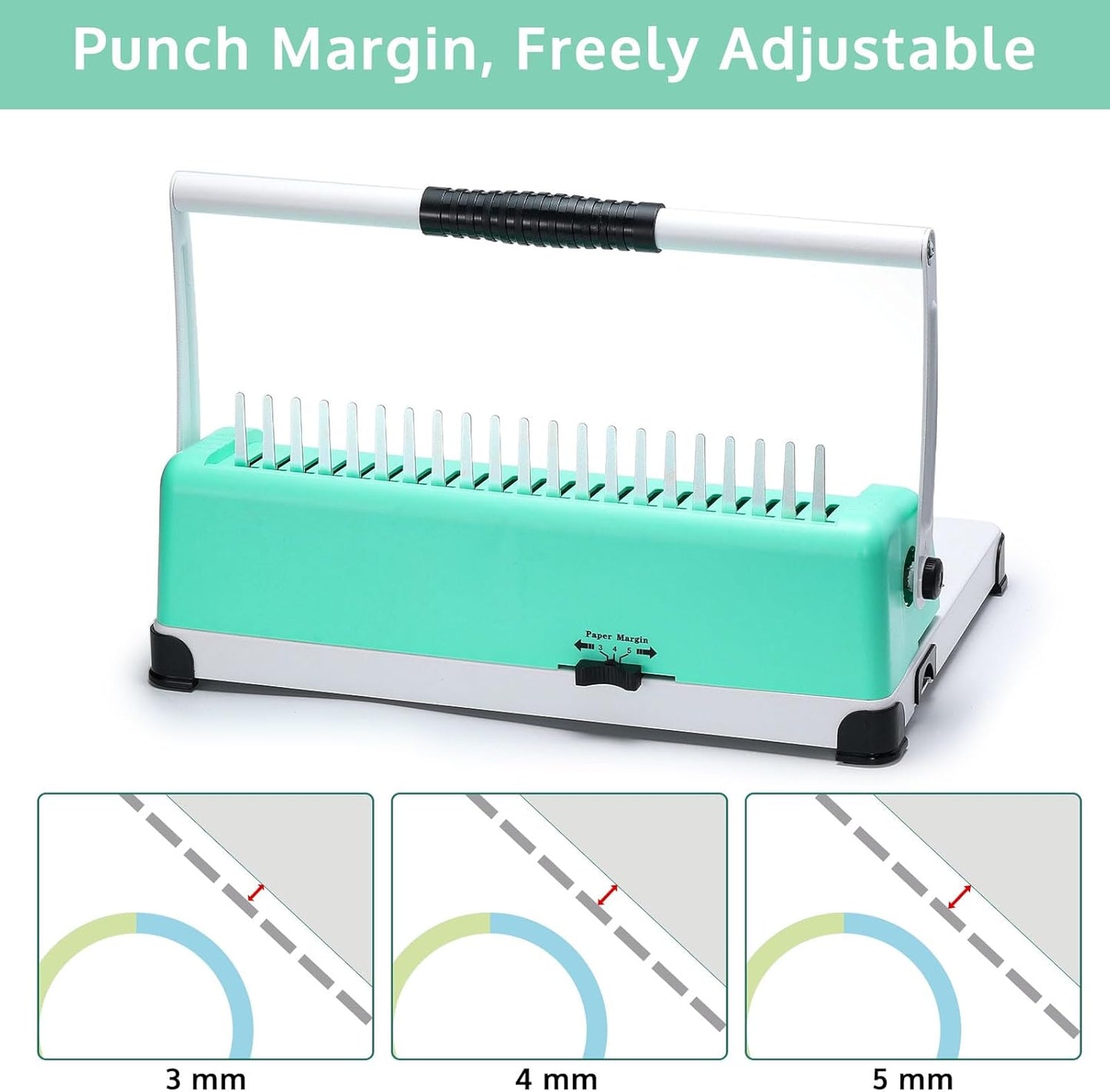 OFFNOVA Binding Machine, 21-Hole 450 Sheets Paper Comb Binding Machine for Letter Size / A4 / A5 Paper, Easy to Punch Handle, Adjustable Margin, Book Binder with 100 PCS 3/8'' Comb Binding Spines