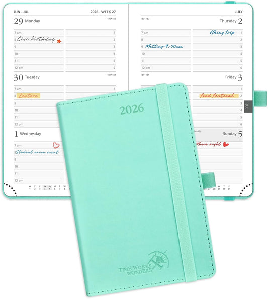 POPRUN Pocket Calendar 2026 (Small Size- 4'' x 6.25") Weekly and Monthly for Purse - Planner 2026 (Jan. 2026 - Dec. 2026) with Vegan Leather Soft Cover,Pen Holder and More - Green