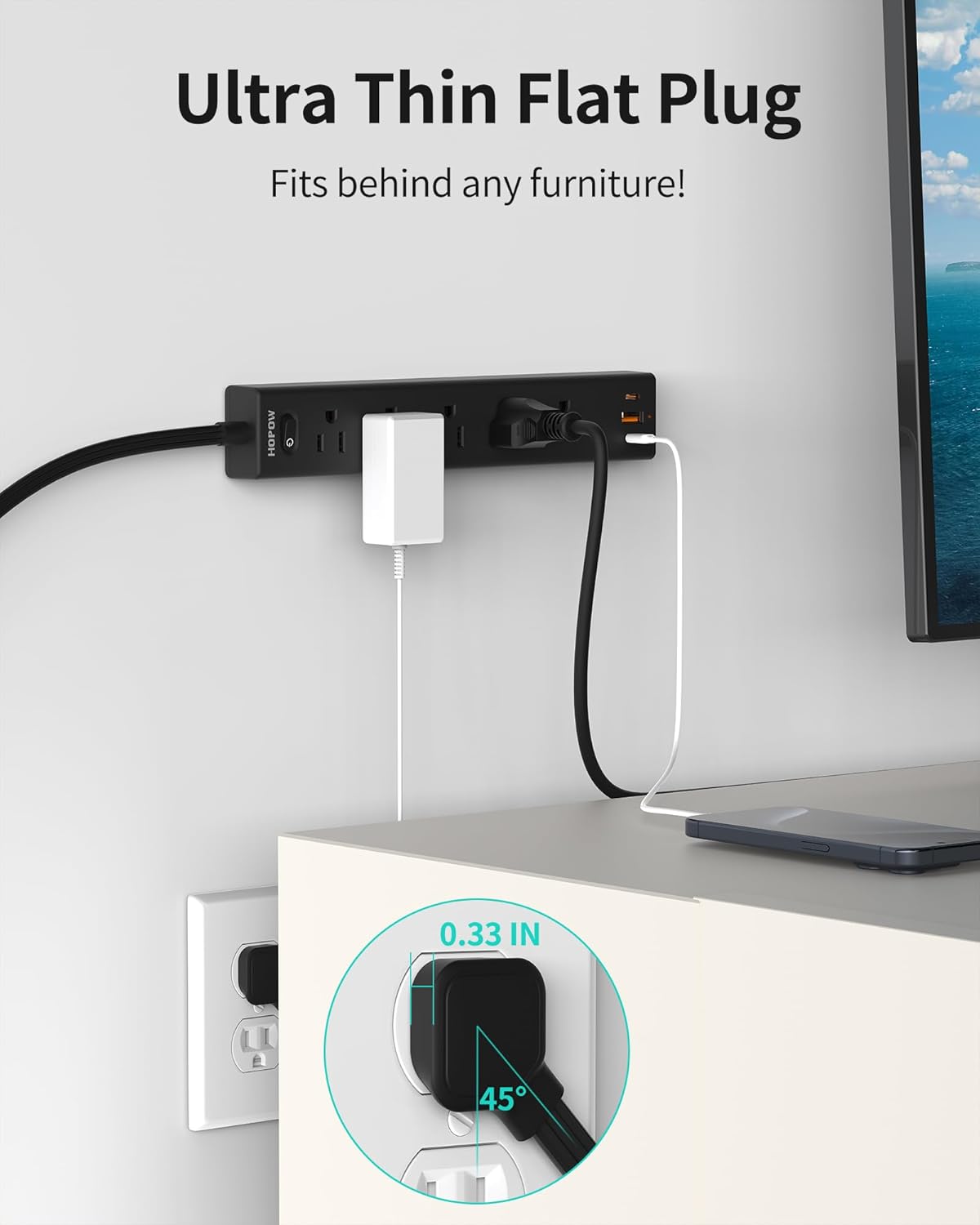 Flat Plug Power Strip, 2 Pack, 6 Ft Ultra Thin Flat Extension Cord, Surge Protector with 5 Outlets & 3 USB Ports (2 USB C Slots), 1700 Joules, 3-Prong, Wall Mount for Home Office Dorm, Black