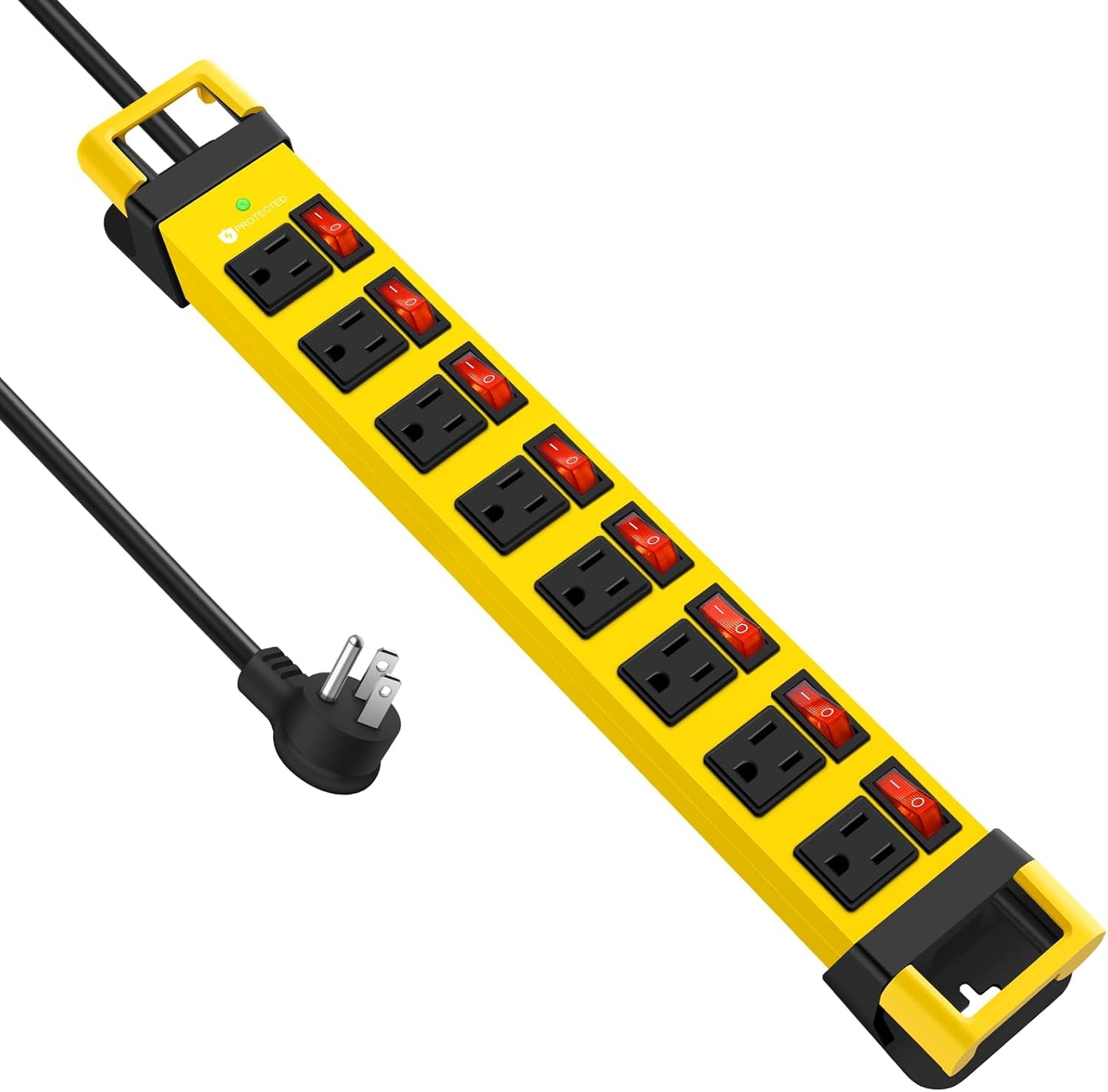 Heavy Duty Power Strip with Individual Switches,8 Outlets 14 Gauge Industrial Shop Garage Metal Multiple Outlets,1200J Surge Protector Mountable Power Strip,10FT Extension Cord Management(Yellow)