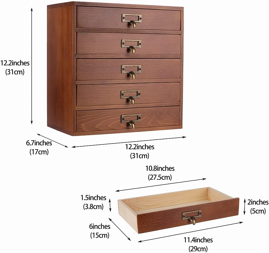 Desktop Drawer Organizer - Wooden Card Catalog Cabinet with Small Drawers - Vintage Rustic Desk Organizer (S-BROWN)