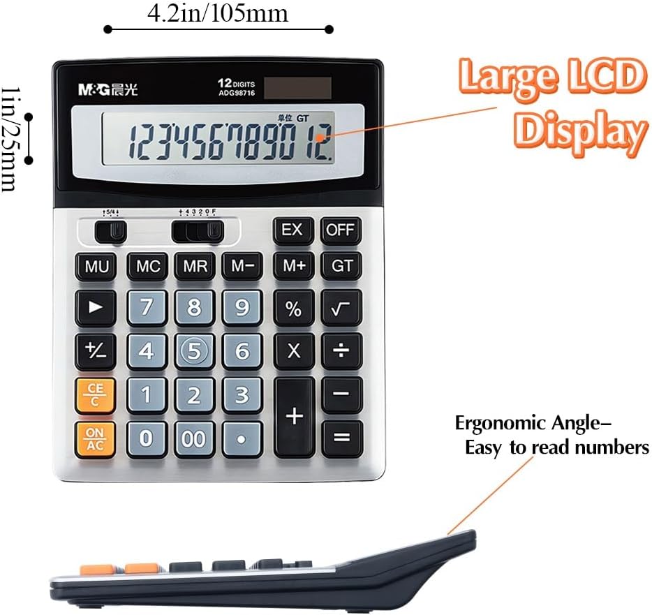 M&G Desk Calculator 12 Digit Extra Large LCD Display Calculator, Dual Solar Power and Battery, Battery Included, Metal Panel Comfort Button Calculator for Office Home School