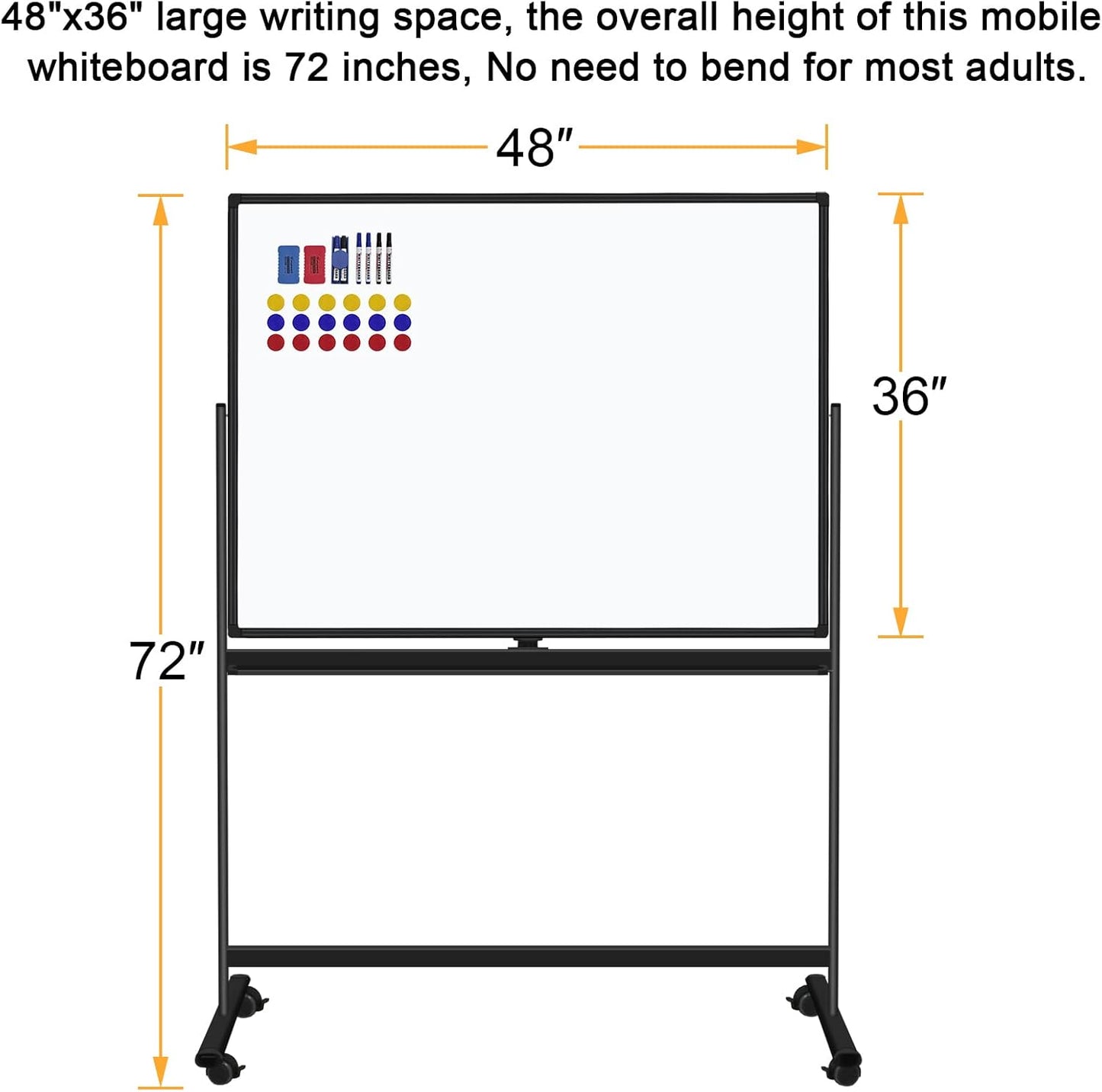 H-Qprobd 48"x36" Mobile Whiteboard Double-Sided Magnetic Dry Erase Board on Wheels - Comercial Rolling White Boards with Sturdy Stand for Home, Office & School