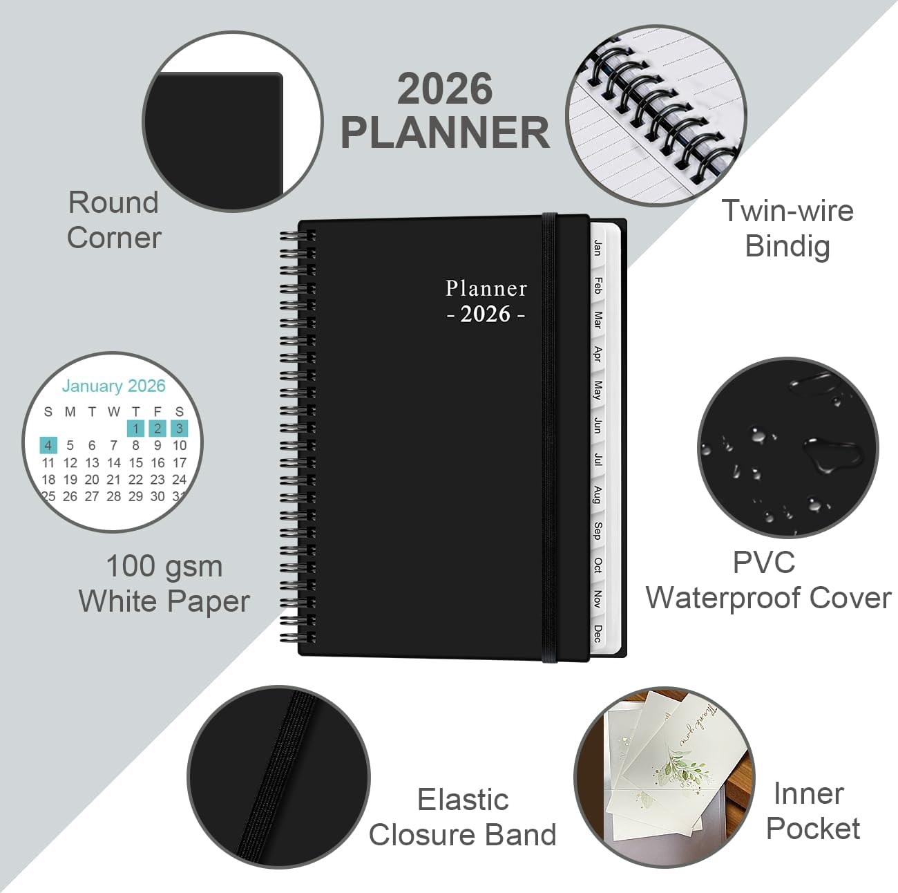 2026 Planner - Planner 2026 from January 2026 - December 2026, Weekly & Monthly Planner Spiral Bound with 12 Monthly Tabs, Inner Pocket, 6.4" x 8.5", Black-E